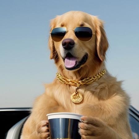 A golden retriever with gold chains and aviator sunglasses, holding a cup in paw