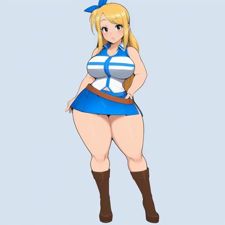 (masterpiece, best quality:1.3), Usnarbit, 1girl, solo, looking at viewer, mature female, wide hips, thick thighs, <lora:Usnarbit Style Lora:.85>, full body, simple background, blonde hair, (light brown eyes), lucy heartfilia, long hair, white shirt, sleeveless, belt, (blue skirt:1.2), midriff, <lora:lucy_heartfilia_v11:.75>, large breasts