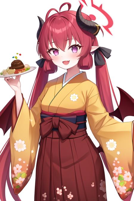 masterpiece, best quality, highres, solo, {junko_bluearchive:1.10}, red_hair, horns, long_hair, twintails, halo, bangs, blush, pointy_ears, wings, hair_between_eyes, very_long_hair, open_mouth, necktie, food, purple_eyes, demon_horns, red_eyes, 1girl, floral_print, hakama, japanese_clothes, kimono, looking_at_viewer, official_alternate_costume, wide_sleeves, yellow_kimono, fang, hakama_skirt, long_sleeves, simple_background, skirt, smile, :d, ahoge, white_background