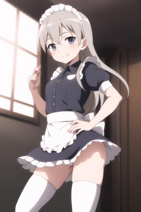 eila_ilmatar_juutilainen maid, thigh highs, shirt, smile