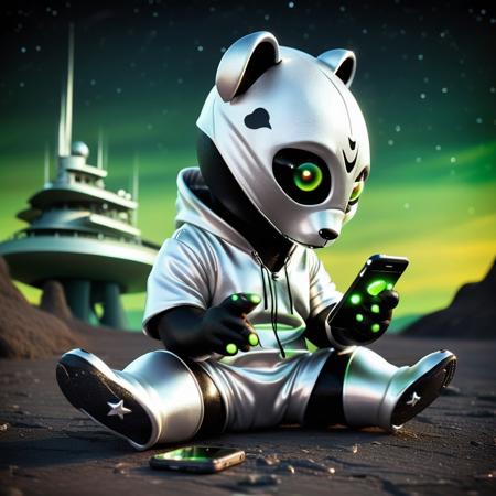 alienworld, A realistic alien extraterrestrial panda wearing a silver hoodie and silver converse. The panda is holding a smartphone standing in front a alien ship or ufo