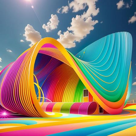 a modern building  in the style of (rainbow-candy:0.65), swirl effect,