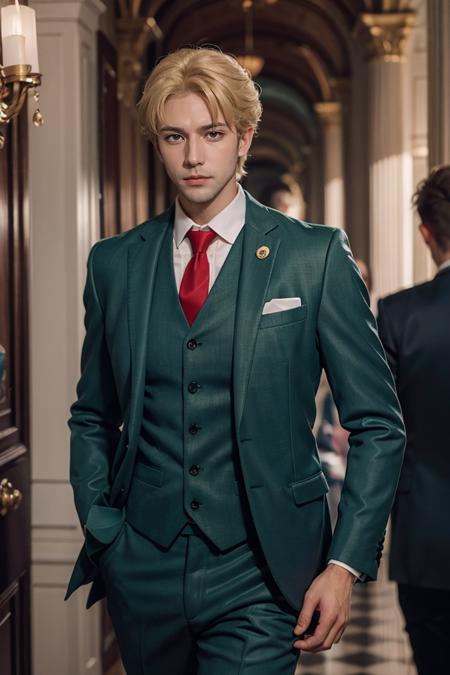 1man, solo, upper body, loidforger man with  light green three-piece suit with a red tie run in corridor palace germany, blonde, blurry background, dramatic, dynamic pose, spy x family, secret agent, bokeh, <lora:ARWLoidForger:1>