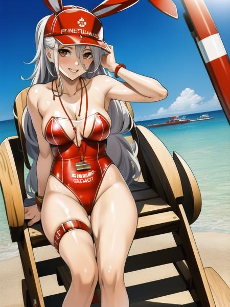 Prinz Heinrich a woman in a red lifeguard outfit sitting on a beach chair, red cap, lifeguard_outfit, bunny ears  (masterpiece, realistic, best quality, 1girl:1.3), (extremely intricate:1.2),  beach background,   <lora:prinzheinrich:0.7>