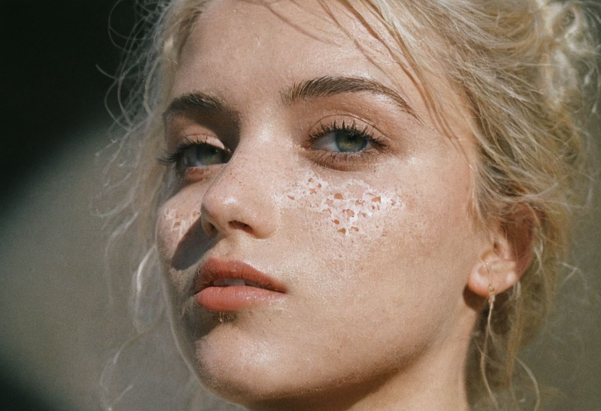leica m3, 35mm Voigtlander lens, Portra 160/400, photo of shadow of a piece of lace casting on a french woman's face
 , high contrast, natural  sunlight