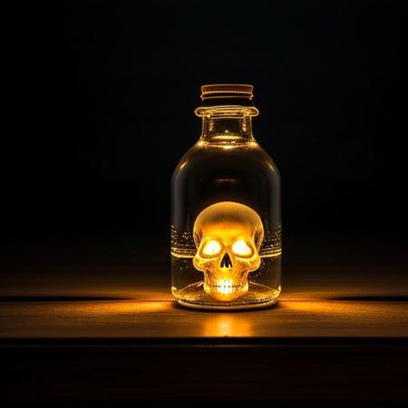 RAW photo, 8k uhd, dslr, soft lighting, high quality, film grain, Fujifilm XT3, Masterpiece, photorealistic, blue fiery skull, trapped in a bottle, on table, pitch black room, light from wisp