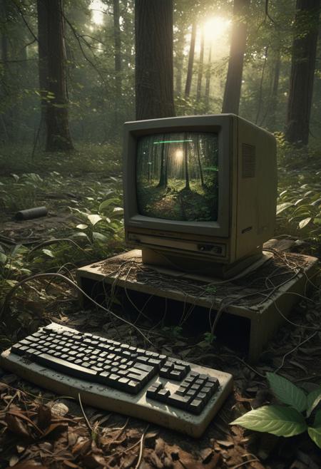 Abandoned computer (vintage style:1.3), nestled in overgrown forest floor, surrounded by foliage, withered branches, and patches of dirt (detailed dirt texture:1.2).  Computer screen displays green text (code:1.2),  vintage monitor, dusty keyboard.  Natural lighting, golden hour sunset, casting warm light on the scene (soft light:1.2).  Forest floor in foreground, with various shades of brown and green foliage,  low-lying vegetation.  Environmental details include dirt, leaf litter, and shadows from the trees.   Camera angle is slightly low, looking up at the computer,  perspective is close-up, focusing on the machine's intricate details.  Photorealistic style, high-detail rendering (detailed textures:1.2), close-up view,  muted color palette.  Dark, moody atmosphere.  Vintage computer, environmental storytelling.  Deep forest,  sunrise or sunset.