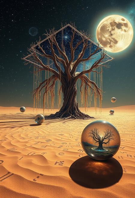 A vast desert where the sand is made of tiny, glowing symbols from every language in existence, shifting and rearranging themselves like living code. In the center stands a colossal creature—a hybrid of a tree and a galaxy, with roots made of black holes and branches stretching infinitely, dripping with stars that fall upward into the sky. The sun is a pulsating cube, casting shadows that move independently, creating shapes that don't exist in three dimensions. Floating nearby are crystalline spheres containing miniature universes, each displaying impossible, paradoxical landscapes that bend the rules of physics.