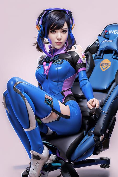 d.va (overwatch) in a blue skin tight bodysuit <lora:dva:0.85>, sitting in a (gaming chair:1.2) with armrests <lora:gaming_girl_v1.2-000015:0.6>