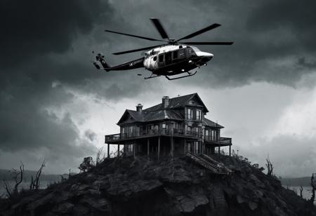 horror-themed A rusted rescue helicopter flying around a fantastic modern house atop a cliff in the middle of a storm, mostly black and white, swamp, shadowy creatures, eerie, unsettling, dark, spooky, suspenseful, grim, dark  themed background.