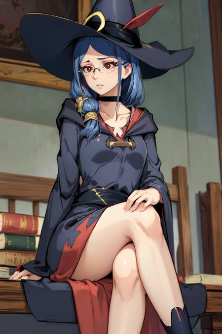 Masterpiece, absurdres, best quality, sitting, crossed legs, serious, from below, <lora:Ursula_Callistis:1>, urca, robe, long dress, side ponytail, witch hat, choker, glasses