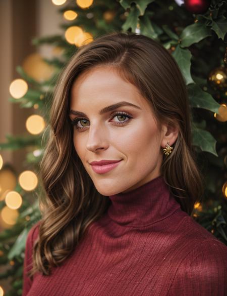 photo of (is4b3l) woman, ((close portrait photo)), RAW, nature, Spectacular light, Christmas Turtleneck dress, Colorful flowering, 8k, soft lighting, high quality, film grain, Olympus OM1 sharp focus, f 3.4, (eye shadow), (eyeliner), (seductive pose), upper body, smile, breast, Christmas, Christmas decorations