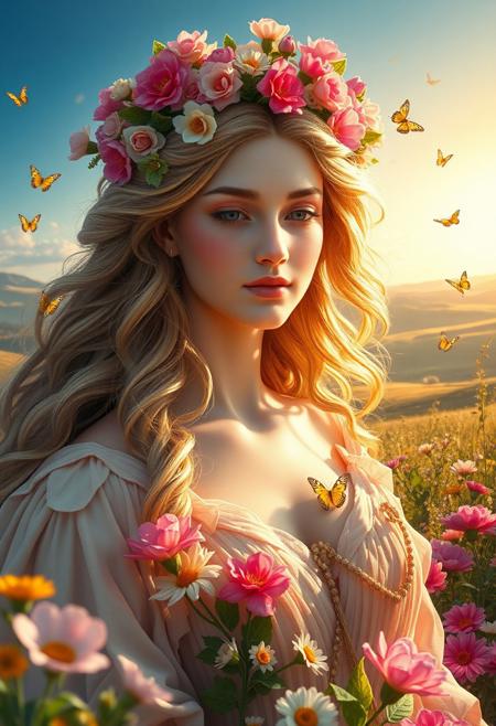 Masterpiece. A close-up portrait of the goddess Flora, the Roman deity of flowers, spring, and renewal. She is depicted as a graceful figure with flowing hair adorned with a crown of vibrant blossoms. Her attire is a flowing, ethereal dress made of petals in shades of pink, green, and gold, symbolizing the abundance of nature. Surround her with a lush garden filled with colorful flowers in full bloom, delicate butterflies, and a soft golden light that enhances the scene's magical and serene atmosphere. The background should include rolling meadows and a clear blue sky. beautiful woman, inspiring, flower, high-res, semi realistic, best quality, intricate details, ultra details, good lighting, vibrant colors, very detailed, octane render, ray tracing