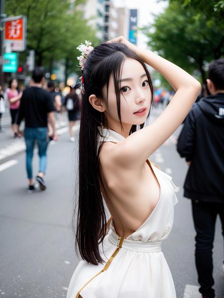 <lora:xinxiaomong:0.8>, ((nsfw), open clothes), hanfu, masterpiece, best quality, 1girl, aqua eyes, black hair, closed mouth, looking at viewer, solo, upper body, alluring, clean, beautiful face, pure face, pale skin, sexy pose,long hair, ((perfect female figure)), 18-years-old chinese girl, narrow waist, city street background, arm behind head, outdoor, watched by crowd background