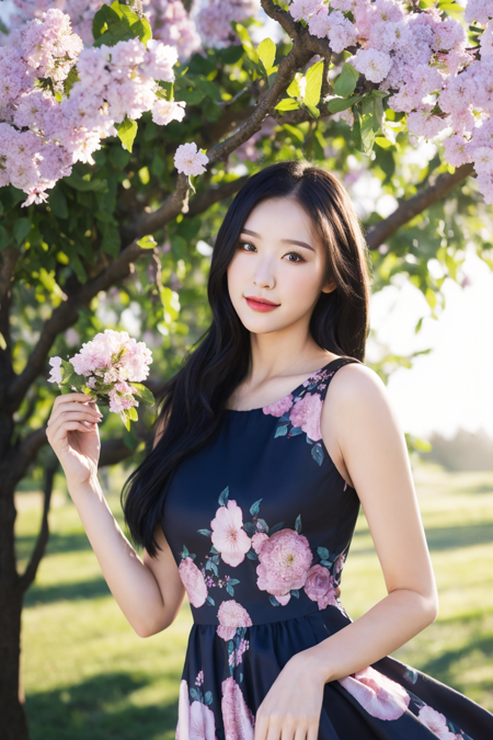 portrait of  Girl wearing a dress in an orchard on a sunny day, sexy body, black hair, 
summer dress, floral dress, clothed, god rays, dust, lens flare, slim body, 
masterpiece, high detail, detailed, photorealistic, beautiful eyes,  <lora:Gaoyaus-01:0.8>