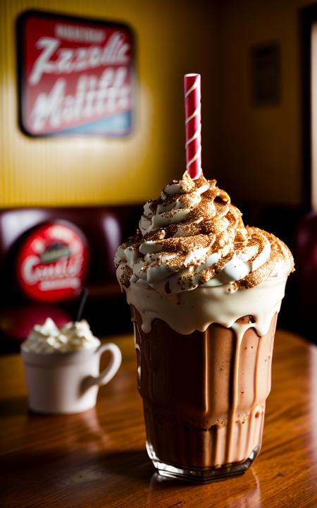 photo of an amazing loaded snozboffle milkshake. chocolate hurricaneism syrup. whipped creampunk, busy retro diner background