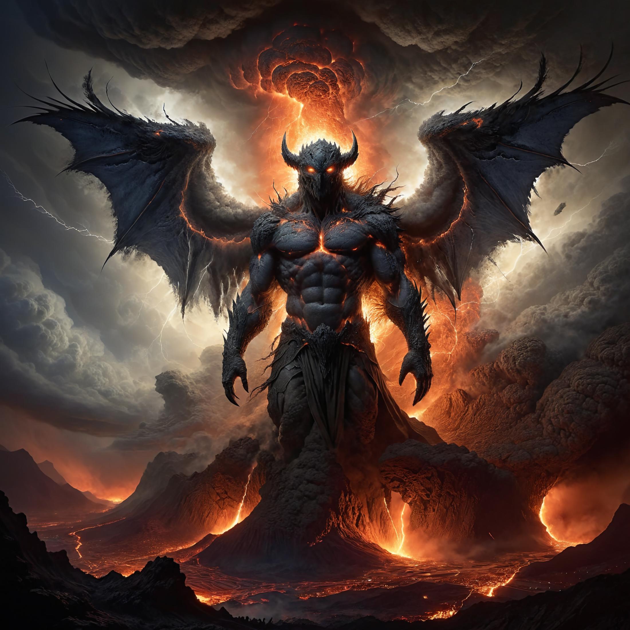 A powerful demon with horns and wings stands on a volcanic mountain, surrounded by flames.