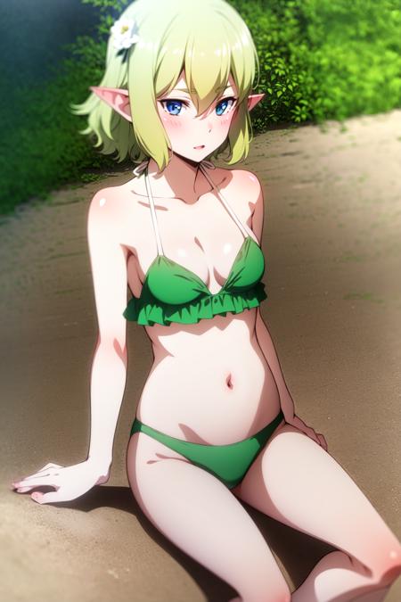 pointy ears, swimsuit, bikini, green bikini, flower, elf, navel, blue eyes, short hair, outdoors, breasts, barefoot, 1girl, small breasts, day, solo, sitting, blonde hair, beach, halterneck, blush, collarbone, hair between eyes, cleavage