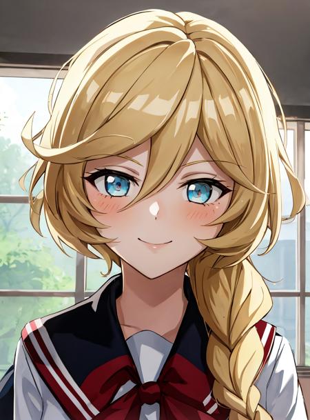 1girl, blonde hair, absurdly long braided ponytail, school uniform, window, upper body,  portrait, light smile,