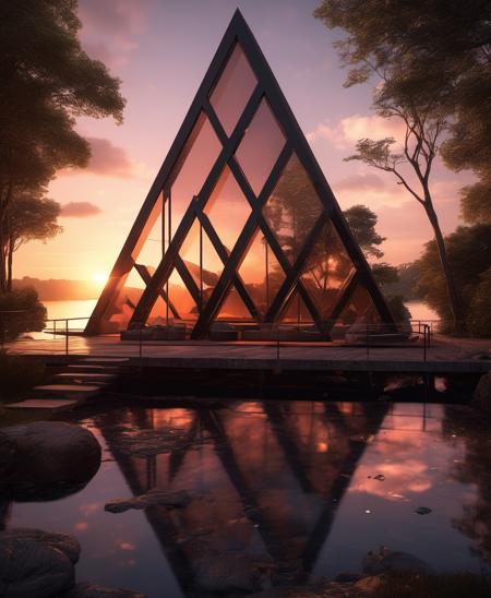 <lora:Triangle Glass Houses Artstyle - Trigger is trhs artstyle:1> trhs artstyle, Shadows I'm In Your Eyes. , sunset, dusk, warm, love, emotions, chillworthy, memories, unreal engine 5 , wired artifacts strung to artistry, ((triangular glassy ice shelved to thawrn))