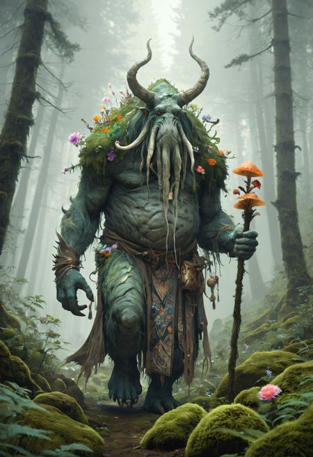 a colossal gentle forest monster with large decorated pack on its back, walking through a dense misty forest, it is wearing a long flowing robe adorned with intricate patterns and holding a wooden staff, The shell is filled with various items including flowers and pouches, wandering sage, towering trees background, moss-covered rocks, soft ethereal light filtering through the forest canopy, a magical and serene atmosphere, <lora:EpicF4nta5yXL:0.35>