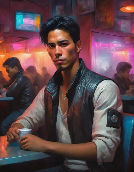 portrait of a handsome young Bolivian man in a cyberpunk cafe 