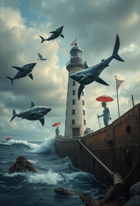 surreal scene, flying sharks, broken lighthouse, warship wreck, humanoid sculpture, umbrellas, distorted reality, (dreamlike:1.3), detailed sky, ocean waves, rusted metal, decayed environment, dramatic lighting, high resolution, photorealism, artistic composition, (eerie atmosphere:1.2), intricate details, (blurry:-1.1), (ugly:-1.3), (cartoonish:-1.1), (low quality:-1.1), (lowres:-1.1), (bad anatomy:-1.1), (poorly rendered:-1.1), (overexposed:-1.1), (flat colors:-1.1), (noisy:-1.1), (disjointed elements:-1.1), (bad composition:-1.3), (unbalanced:-1.1)
