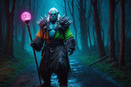an orc elder made out of RGB Keyboards, with green skin, gray hair, wearing a fur robe, holding a walking stick, solo, from the Skullsplitter Clan, with spiked armor shimmering with RGB lights and skull helmets, a cyber dark forest with neon twisted trees, RGB foggy air, scattered leaves with RGB lights, detailed background, scouting a path, examining tracks, glowing with RGB lights, fierce, eyes narrowed, glowing with RGB lights, action focus, medium shot, a neon blacksmith competition with orcs forging, sparks with RGB lights flying, crowds watching, a glowing RGB staff with a skull emitting RGB lights, nearby, on a digital sandy dune, shifting sand with RGB lights, neon snow with glowing flakes, RGB lights shimmering, late afternoon, warm golden light, lengthening shadows, gentle breeze, best quality, vibrant colors, realistic style, high detail, high-definition, hyper-realistic, extremely high-resolution details, fine texture, incredibly lifelike, realistic, not cartoon, not drawing, highres, 4K resolution, source photo, realistic photo, masterpiece, best quality, amazing quality, very aesthetic, ultra-detailed, detailed textures, natural lighting, soft light, cosmic RGB colors, purples, blues, starry whites, electric spark, sharp and vibrant, overhead shot, <lora:RGB_Keyboard_themed-000008:1>