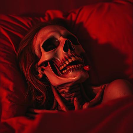 Album cover of realistic Dark art close up movie still of a undead zombie woman from the 70s-style pulp paintings lying in bed in a eerie red hotel room licking her necrotic lips with a naughty look on her face, The vibe is red and otherworldy. The zombie womans skeletal face is looking blissful. Duotone: Burnt orange and deep plum. Mood: Occult ritual meets 80's concert poster art style, movie still, gore, sexy, flirty, amorous, beautiful, evil dead
