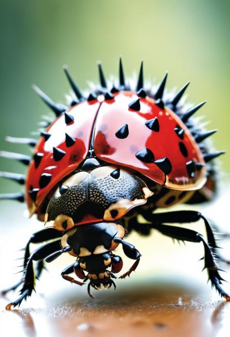 macro photography of [sea urchin with black spikes : a giant ladybug with its back stylized by HR Geiger, looking at viewer, (double exposure art:1.5), (black spikes:2.0): 4]