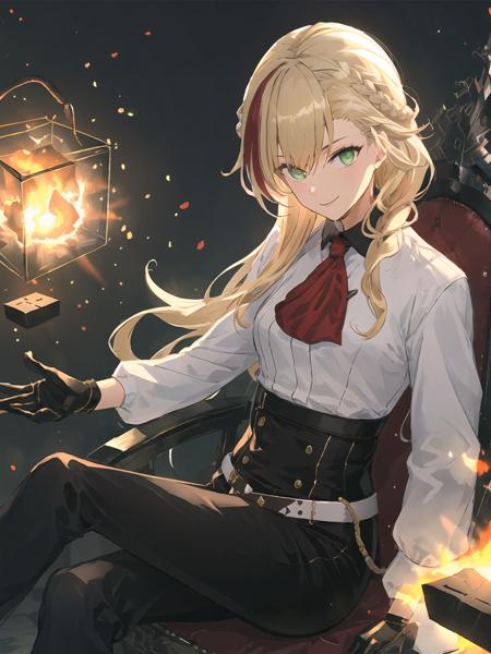 masterpiece,best quality,highres,cinematic lighting,dramatic angle,1girl,blonde hair,braid,multicolored hair,green eyes,white shirt,jacket,belt,high-waist black pants,looking at viewer,black gloves,<lora:ShadowverseNahtV2-000015:0.9:lbw=1,1,0.1,0.1,0.1,0.8,0.8,1,0.2,1,1,1,1,1,1,1,1>,fire,glowing sealed cube,red ascot,portrait,shaded face,evil smile,sitting on throne,arm support