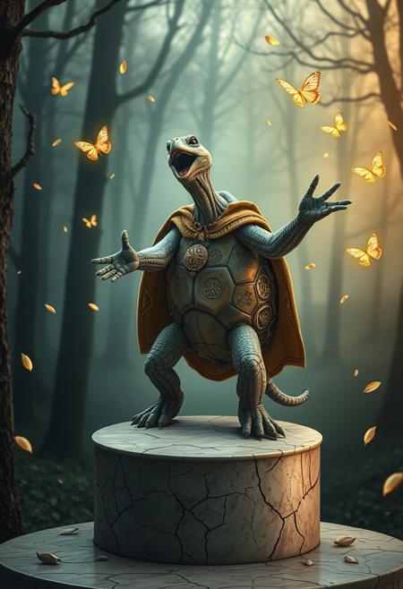 A turtle with impossibly elastic features belts out a powerful aria while standing on a cracked marble pedestal surrounded by a surreal, mist-covered forest. Its body is twisted in an exaggerated pose, with limbs flailing like rubber, yet it wears a majestic renaissance cape adorned with gold thread and fantastical symbols. The turtle's shell glows faintly with ornate, mythical carvings, as if enchanted. Around it, luminous butterflies hover in slow motion, and falling petals drift through the air, rendered with soft-focus realism. The lighting is dreamy and theatrical, casting long shadows and golden highlights that lend an antique painting quality to the surreal performance. The whole composition feels like a collision of comedic elasticity and moody, baroque fantasy.