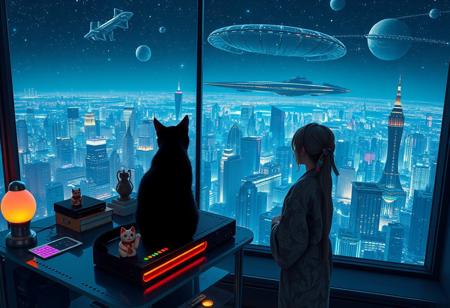 Jiji, the cat from Kiki's Delivery Service sits on a cluttered metal riveted desk with transparent top and rgb led computer components visible inside, On the desk are a maneki neko statue and a lava lamp, Jiji the Black Cat is looking out of a seamless and futuristic floor to ceiling window that looks out at a very high view from an apartment on the 400th floor of a futuristic Tokyo skyscraper, the year is 2250, The city has thousands of enormous wide and tall futuristic skyscrapers and space ships covered with lights in the sky, (((Kiki from Kiki's Delivery Service, 24 years old, is standing next to the cat looking out at the enormous city at night, filled with buildings of many shapes and sizes, some over a mile tall))), Kiki is dressed in an ornate Japanese style bath robe. An enormous deco starship with futuristic lighting and design is visible high above the city, and a space station is visible in the background among the stars, The woman's hair is messy from just waking up and tied up with a ribbon. Artistic cyberpunk, dynamic perspective, The focus is on Jiji and Kiki standing together looking out the window at the view together, (((overall architectural aesthetic is Art Deco Cyberpunk))).  Mt Fuji can be seen in the far distance,