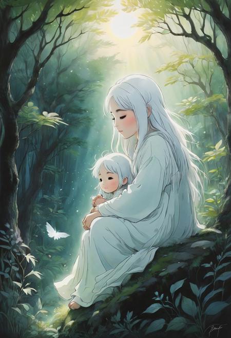 Pastel,  Black and white art, pencil drawing,  sceneryanime screencap, anime, thick outlines, (studio ghibli:1.5), 
a chibi Whimsical ghost, comforting a chibi , photorealistic, dense foliage, detailed greenery, soft light rays, serene ambiance, ultra-high resolution, natural color palette, cinematic shot, close-up view, medium shot, wide-angle view, low-angle shot, high-angle shot, expressive faces, smooth textures, gentle glow, mystical atmosphere, balanced composition, dynamic flow, tranquil setting, tender interaction, enchanted forest,