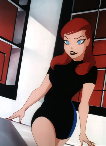 batman adventures, parody, 1girl, solo, red hair, long hair, window, black shirt, lipstick, blue eyes, makeup, shirt, short sleeves, black lips, breasts, red sky, ((masterpiece)) <lora:batman_adventures_offset:1>