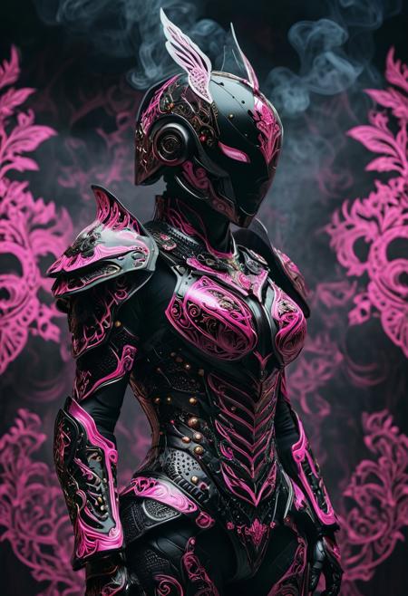 A photograph captures a futuristic armored figure donning a predominantly pink and black ensemble. The figure's face is concealed by a helmet, while the armor, intricately designed with numerous layers and patterns, envelops the entire body, including the torso, arms, and legs. Embedded within the armor are LED lights, which illuminate the scene. The smoke-filled background accentuates the figure, creating an impression of depth and isolation.