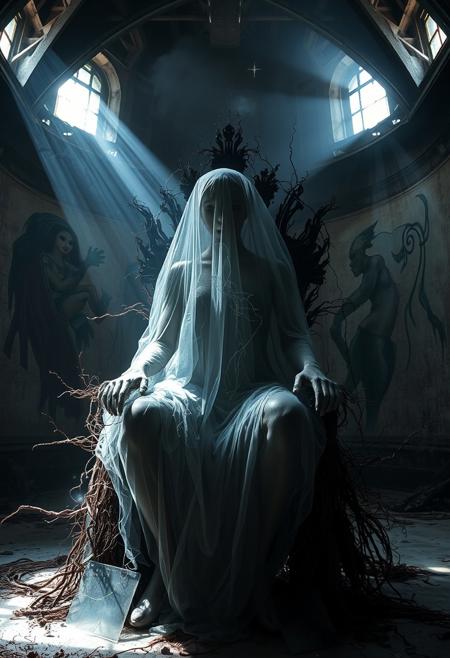 In a cavernous interior space, a humanoid figure sits motionless on a throne made of tangled rebar, roots, and glass. Their body is partially obscured by a veil of iridescent mist, and where skin should be, there are patches of reflective obsidian and shifting, fleshy filaments. Behind them, the walls are covered in abstract murals—half-symbolic, half-organic—that seem to writhe and pulse subtly. Shafts of cold light cut through the dim, smoky atmosphere, illuminating the contours of their semi-translucent form. The air feels heavy, filled with unseen emotion and history. This setting merges industrial ruin with metaphysical expressionism, crafting an image that is both spiritual and alien.