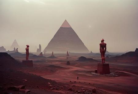 Red Rocky landscape, with tall humanoid statues, sci-fi aesthetics, film photography style, a moody picture of Gas Giant alien landscape composed primarily of hydrogen and helium, with no solid surface and a thick atmosphere (with a tall red pyramid in the background:1.2), cloudy weather, at dawn, dim lit, foggy, muted colors, hazy, vintage, analog style, Busy crowded city strret, City<lora:SDXL_FILM_PHOTOGRAPHY_STYLE_Alphav0.2:1>