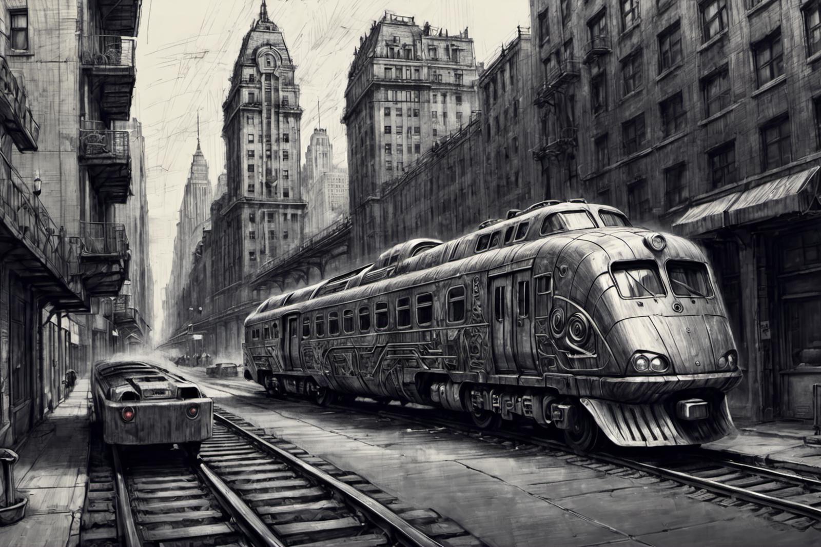 A black and white drawing of a train with a car in front of it.