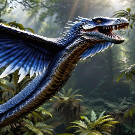 highly detailed portrait photo of a (vringalu):1.2 flying above a dense jungle,

vrinaglue, wings, feathers, teeth, sharp teeth, fangs, snake body,

through a lush jungle,

depth of field:1.2, blurry, blurry background,
realistic:1.3,

photorealistic,
fantasy, cinematic,
32k, best quality, 
god rays:1.2,
dappled sunlight:1.1,




