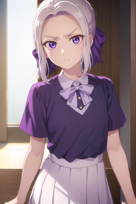 shinokiryuu, <lora:shino kiryuu s2-lora-nochekaiser:1>,
shino kiryuu, (purple eyes:1.1), white hair, hair bow, purple ribbon, frown, angry, (flat chest:1.2),
BREAK skirt, shirt, bow, school uniform, white shirt, short sleeves, pleated skirt, bowtie, blue skirt, 
BREAK indoors, classroom,
BREAK looking at viewer, (cowboy shot:1.5),
BREAK <lyco:GoodHands-beta2:1>, (masterpiece:1.2), best quality, high resolution, unity 8k wallpaper, (illustration:0.8), (beautiful detailed eyes:1.6), extremely detailed face, perfect lighting, extremely detailed CG, (perfect hands, perfect anatomy),