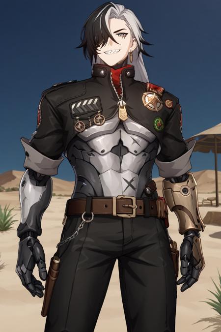 boothill cyborg multicolored hair black hair white hair crosshair pupils