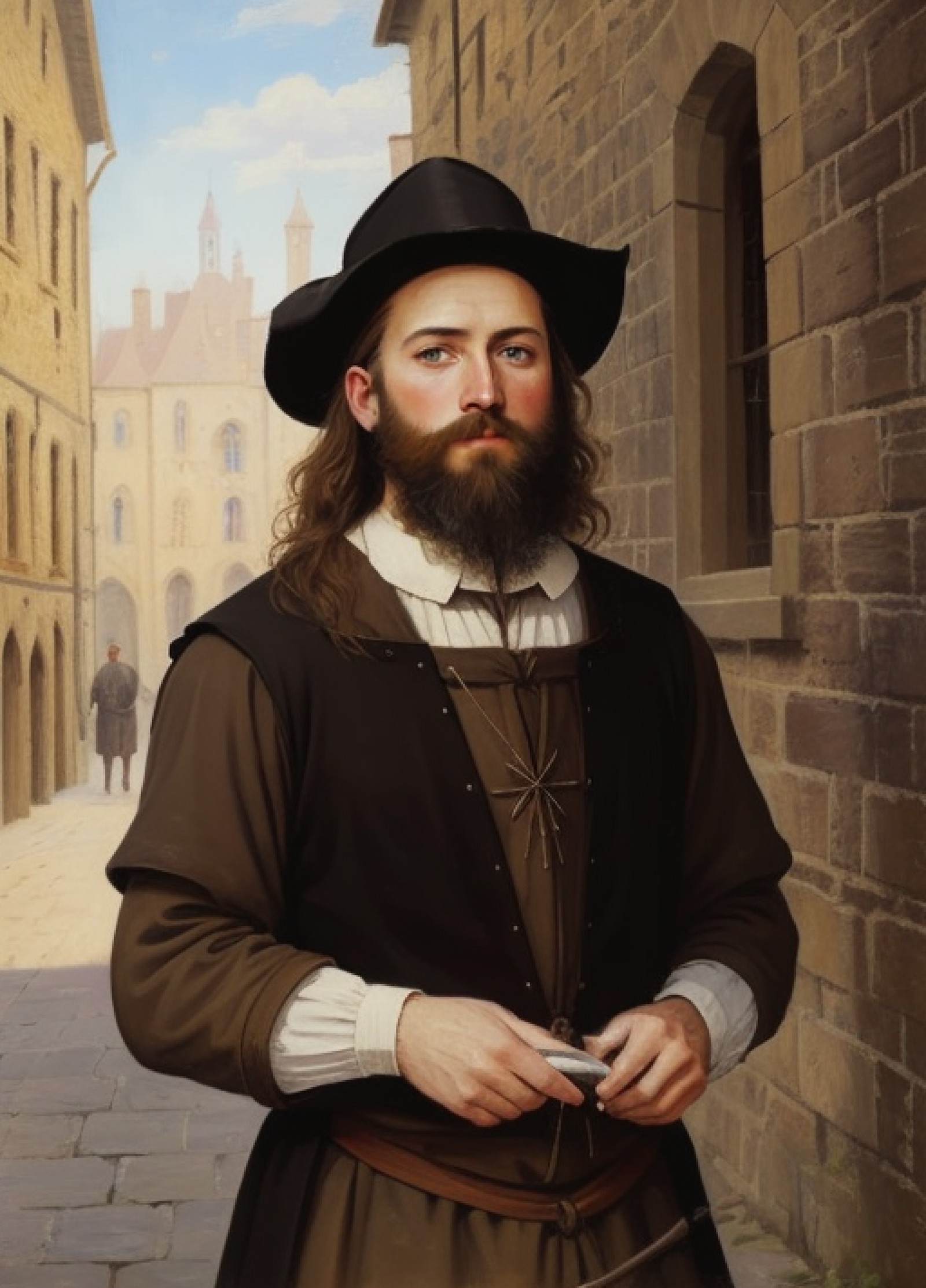 portrait, ((upper body)), 1boy, adult, beard, classy, oil painting style, oil painting, ((noon, medieval street background...