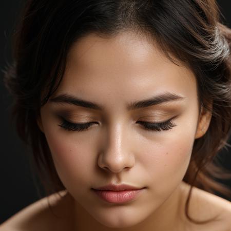 face closeup,closed eyes,beautiful woman,dark theme, detailed skin, empty background