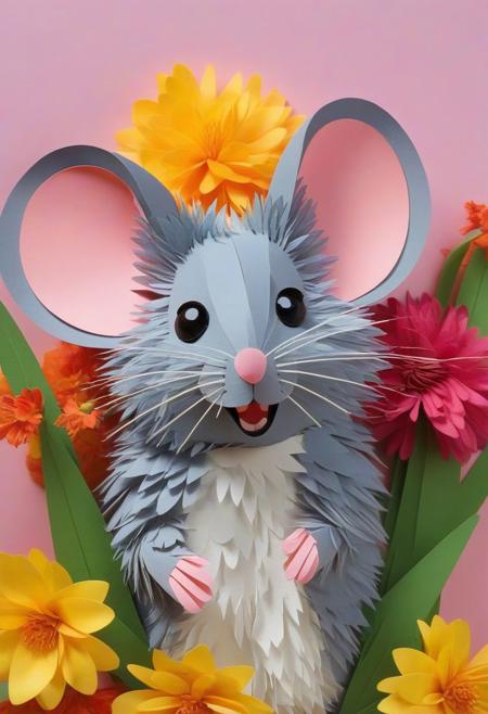 score_9, score_8_up, score_8, solo, (fluffy:0.8), (feral), furry, (((mouse))), female, (fluffy cheeks:0.7), (solo:2), j_cartoon, cute, (upper body shot, portrait:2), flowers, embarrassed, look at viewer, PaperCutout style
