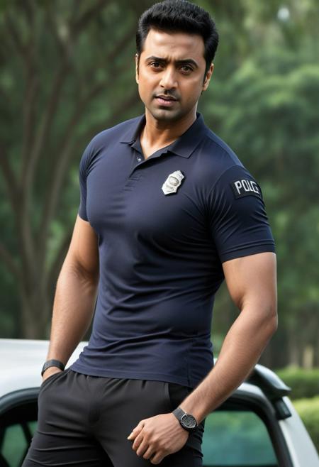 Ultra-detail, (highres:1.1), best quality, (masterpiece:1.3), Kal Penn a man <lora:Dev-Adhikari_Kal-Penn:0.7>, skinny muscled, modern haircut, dynamic posture, ((wearing police polo shirt)), dramatic angle, full-body from above looking away,