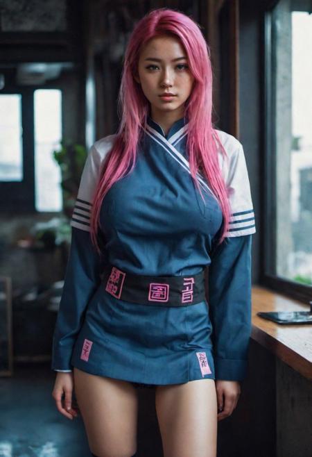 23 year old gorgeous woman , slight smile , detailed skin face and eyes , natural lighting , at home , long hair , film grain, low contrast, natural face , freckles , pink hair , blue eyes, dark circles under eyes, (big boobs:1.2), in cyberpunk appartement, fullbody view, ((japanese uniform)), tight shirt, white, breast nipples see-through cloth, leaning forward, arms crossed, hiding breasts, pov, looking at viewer,
