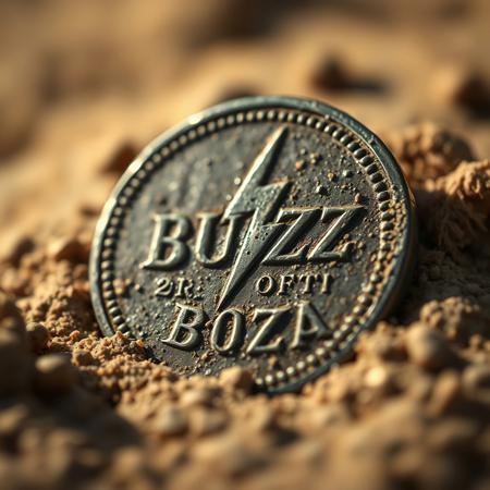 Closeup of a Archeological find in desert, a ancient detoriated coin with lightning bolt symbol and text in ancient font saying BUZZ, realistic, masterpiece, dramatic light, depth of field