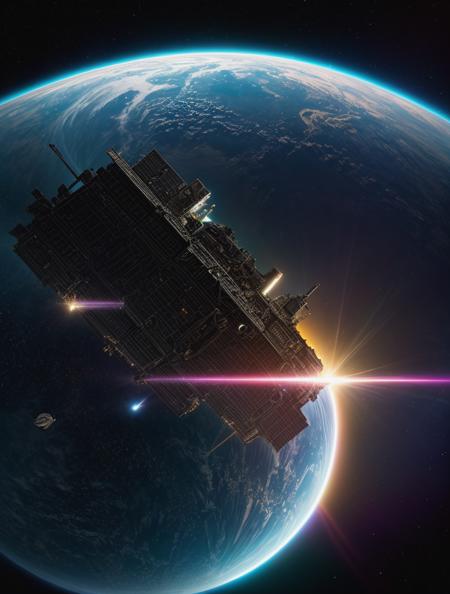a vibrant cinematic photo of outer space,  damaged spaceship with sparks leaves an asteroid field, a second ship is broken into two pieces, nebula, alien world, octane render, high quality,  24mm, 4k textures, soft cinematic light, adobe lightroom, photolab, hdr, intricate, elegant, highly detailed, sharp focus, ((((cinematic look)))), soothing tones, insane details, intricate details, hyperdetailed, low contrast, soft cinematic light, exposure blend, hdr, faded, <lora:more_details:.8>,
