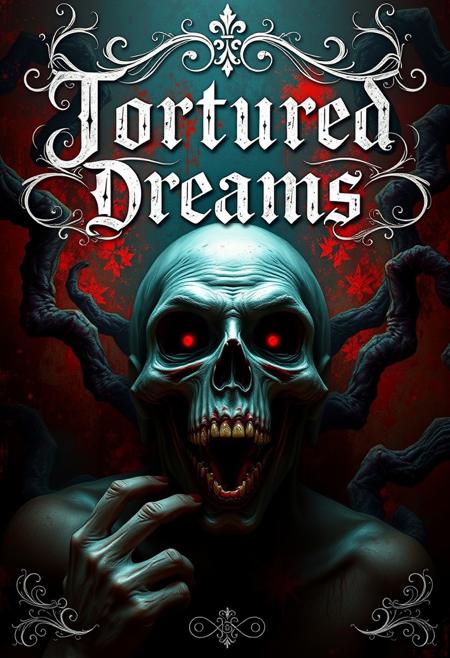 A vivid digital art piece depicting the dreams of a schizophrenic, scary surreal image, written above the main focus of the image in elegant filigree and calligraphy lettering are the words "Tortured Dreams"